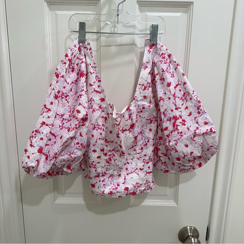 Open Edit Floral Crop Top with Puffy Sleeves